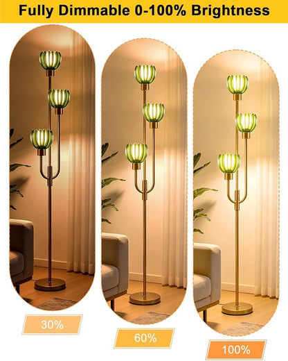Lightdot 3-Lights Modern Glass Floor Lamp Gold Dimmable Floor Lamps with 3000K Warm White Bulbs for Wedding Party 66IN Tall Standing Lamp with Green Glass Shade for Living Room/Bedroom/Home Decor