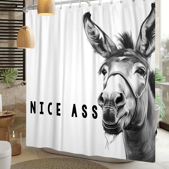 Funny Donkey Shower Curtains Joke Hilarious Animal Bathroom Curtain Rustic Farmhouse Cute Donkey White Shower Curtain Sets for Bathroom Extra Long 72x72 in with 12 Hooks