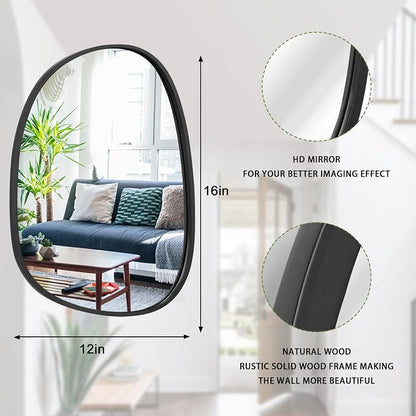 Asymmetrical Wood Wall Mirror - Irregular Oval Hanging Frame for Wall, Vanity, Bathroom, Living Room, Bedroom, Entryway, Hallway - Modern, Unique, Decorative, Artistic - Black