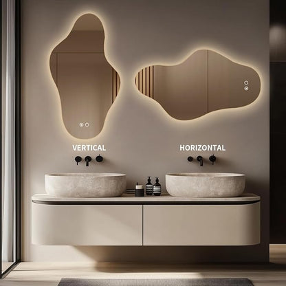 Modern Irregular LED Bathroom Mirror with Lights, Asymmetrical Frameless Smart Lighted Wall Mirror for Living Room Entryway, Large Decorative Makeup Vanity Mirror with Touch Switch(27.2″x47.2″)