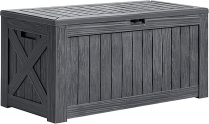 Greesum 120 Gallon Deck Box, Resin Outdoor Storage Container for Patio Furniture, Garden Tools, Pool Accessories, Weatherproof, Lockable, Gray