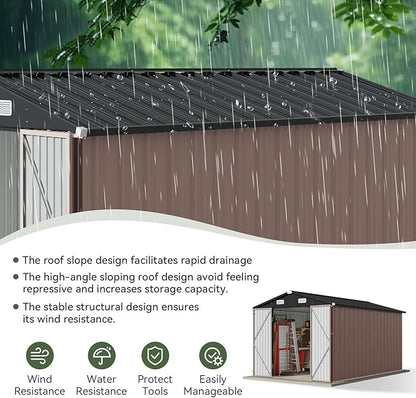 Aoxun 12x7.5 FT Shed Outdoor Storage Shed with Spacious Door Large Sheds with Double Lockable Door Galvanized Metal Shed for Garbage Can, Bike, Mower, Brown