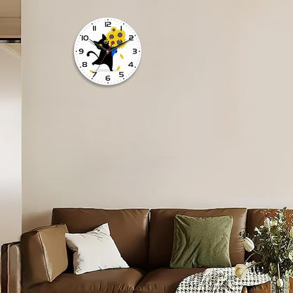 Wall Clocks,Black Cat Wall Clock Decorative,Sunflower Kitchen Wall Clock Battery Operated-10 Inch Round Bathroom Clocks Silent Non-Ticking