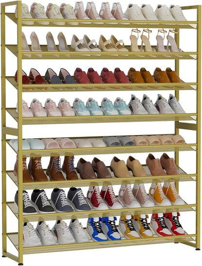 NEYCIL Large Shoe Rack 8 Tier Shoe Organizer, Heavy Duty Metal 4-Tier Stackable Shoe Storage Vertical Shoe Rack for Closet Front Door Entrance, Up to 50 Pairs, 44.8" W x 11.4" D x 56.7" H, Gold