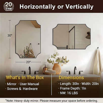 ANDY STAR 20"x30" Bathroom Mirror, Matte Black Vanity Mirror, Scalloped Rectangle Mirror in Premium Stainless Steel Frame, Scalloped Corners Design, Compact Size Ideal for Small Bathroom Remodel