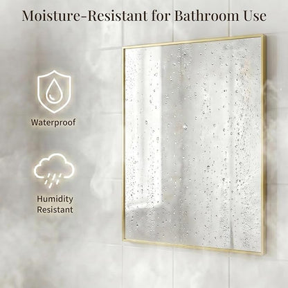 24"x36" Gold Bathroom Mirror for Wall, Shatterproof Tempered Glass, Champagne Gold Tone Rectangle Narrow Frame, H/V Wall-Mounted, Ultra-Flush