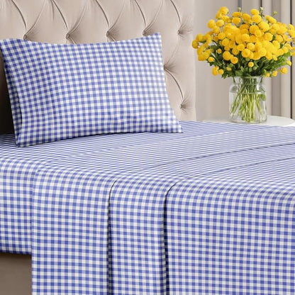 Blue Gingham Sheets - 1 Flat & 1 Fitted Sheet & 1 Pillowcase w/ Deep Pockets - Grid, Plaid, Checkered Pattern Bed Set - Comfy, Wrinkle & Fade Resistant - Ultra-Soft, Breathable & Cooling - Twin Size