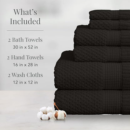 NY Loft 100% Cotton Towel Set 6 Piece | Super Soft & Absorbent Quick-Dry 2 Bath Towels 2 Hand Towels & 2 Washcloths | Textured and Durable Cotton | Premium Thick Towels | 6 Piece Set - Black