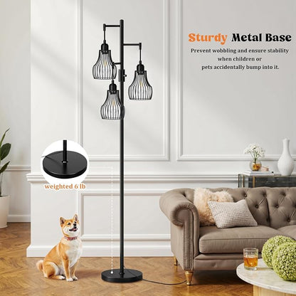 Ziisee Dimmable Floor Lamp, 3 x 800LM LED Edison Bulbs Included, Farmhouse Industrial Floor Lamp Standing Tree Lamp with Elegant Cage Tall Lamps for Living Room Bedroom Office - Black
