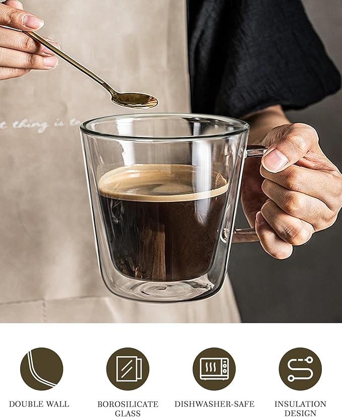 LIBWYS 12oz Double Wall Glass Coffee Mugs, Cappuccino Latte Tea Cups with Handle, Heat Resistant Borosilicate Insulated Clear Glasses (Set of 4)
