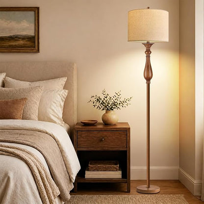 ILLMTW Wood Floor Lamp for Living Room,Bedroom,Vintage Mid Century Modern Standing Lamp with Remote Dimmable,Boho Gold Tall Lamp Fabric Lamp Shade Floor Lights Bohemian Tiffany Style