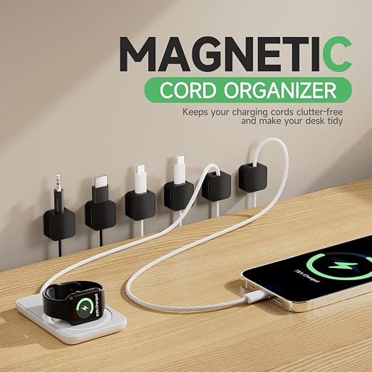 9 Black Magnetic Cable Clips, Under Desk Cable Management, Cord Holder