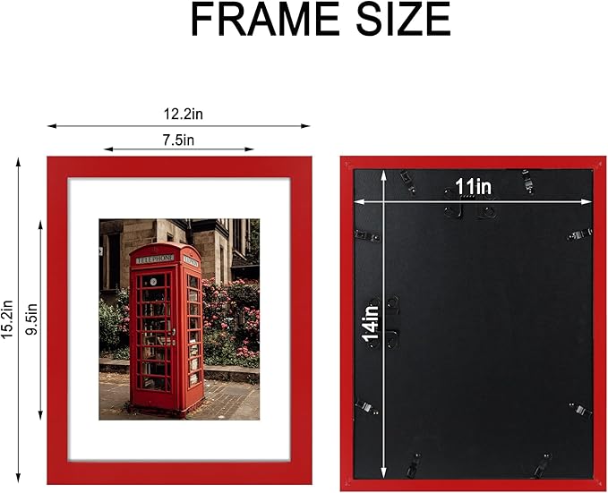 11x14 Picture Frame Set of 4, High Definition Real Glass, Display Pictures 8x10 with Mat or 11x14 Without Mat, Gallery Wall Hanging Photo Frames, Red