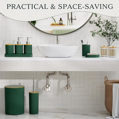 10PC Bathroom Accessories Set - Dark Green and Wooden Bathroom Sets, Bathroom Accessory Set with Pop Up Trash Can, Toilet Brush, Trash Can, Qtip Holder & Soap Dispenser