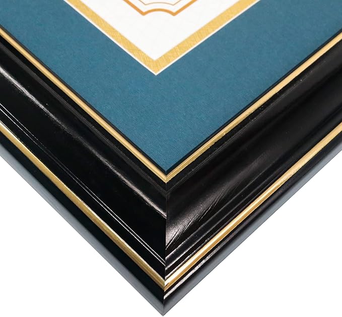 GraduationMall 8.5x11 Diploma Frame with Navy over Gold Mat or Display 11x14 Certificate without Mat,Solid Wood & UV Protection Acrylic,Glossy Black Finish with Gold Trim