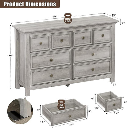 LGHM Dressers for Bedroom with 8 Drawers,54" Long Dresser Wood Legs, Modern Farmhouse Wood Chest of Drawers, Wide Dresser with Deep Drawers, Light Gray
