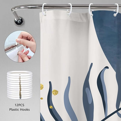 Navy Blue Boho Shower Curtain 72Wx78H Grey Modern Bohemian Abstract Leaves Plant Botanical Mid Century Minimalist Bathroom Decor Geometric Neutral Bath Curtain Fabric Polyester 12 Pack Hooks