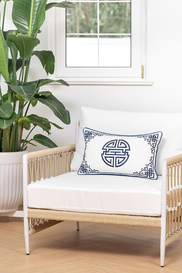 Hofdeco Premium Coastal Hampton Style Patio Indoor Outdoor Lumbar Pillow Cover Only, 12"x20" Water Resistant for Backyard, Couch, Navy Blue Embroidered Longevity Symbol