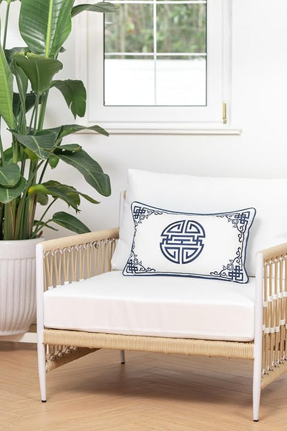 Hofdeco Premium Coastal Hampton Style Patio Indoor Outdoor Lumbar Pillow Cover Only, 12"x20" Water Resistant for Backyard, Couch, Navy Blue Embroidered Longevity Symbol