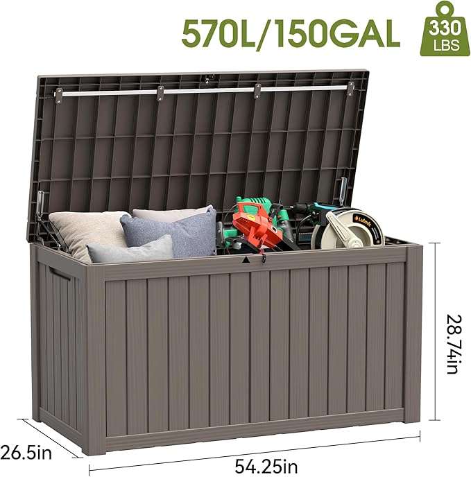 150 Gallon Resin Deck Boxes Waterproof, Outdoor Storage Box Lockable Lid for Delivery Box, Indoor, Garden Tools, Pool Supplies, Patio, Grey