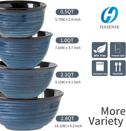 Hasense Mixing Bowls Set, Porcelain Large Salad Bowls for Cooking, Baking, Prepping, Serving, Blue Nesting Dishes for Housewarming Gift, Microwave Dishwasher Safe, 2.8/2.1/1.0/0.5 Qt