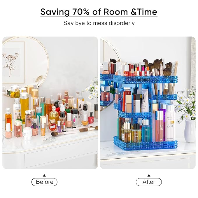Makeup Organizer, 360 Degree Rotating Adjustable Cosmetic Storage Display Case with 6 Layers Large Capacity, Fits Cosmetics, Perfume, Skin Care, Makeup Brushes, Lipsticks (Blue)
