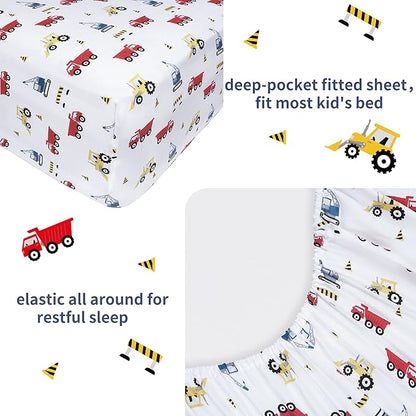 Viviland 3 Pieces Boys White Twin Sheet Set - Soft Microfiber Fitted Flat Sheets & Pillowcase Bed Sheet Set- Red Excavator Construction Tractor Truck Bedding Sets - for Kids & Toddlers