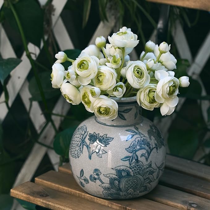 SIDUCAL Blue and White Vintage Vase | 6 Inch Ceramic Chinoiserie Floral | Retro Ice Cracked Blue and White Porcelain Vase for Table, Living Room, Bathroom Decoration, Wedding, Shelf Decor, Mantel