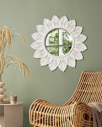 Sunflower Sunburst Wall Mirror, 26" Distressed White Wooden Frame, Handcrafted Petal Floral Design, Vintage Farmhouse Style Mirror for Wall Decor for Living Room, Bedroom, Bathroom, Vanity