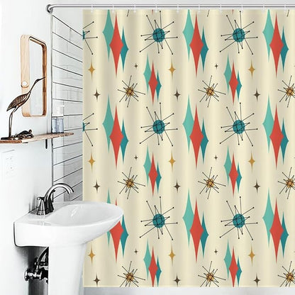 Mid Century Modern Shower Curtain,Retro Abstract Atomic Starburst Geometric Diamond Pattern Shower Curtains Set for Bathroom Fabric Decorative Bath Curtain Washable Curtain Hooks, 72x72 inch