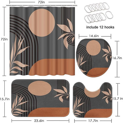 Boho Mid Century Shower Curtain Set with Toilet Lid Cover and Non-Slip Rugs, Abstract Grey Background 4 Pcs Modern Minimalist Vintage Gray Shower Curtain for Bathroom Set with 12 Hooks