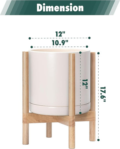 D'vine Dev Ceramic Planter with Natural Stand - 12 Inch Modern Round Flower Pot with Wood Planter Holder, Oatmeal, 55-B-J-8