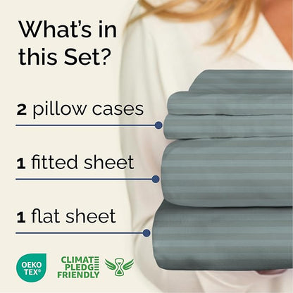 Striped Sheets - Green Striped Sheets - 1 Flat & 1 Fitted & 2 Pillowcases w/ Deep Pockets – Comfy, Wrinkle & Fade Free - Ultra-Soft, Breathable & Cooling – Luxury Pinstripe Bedding - Full Size Bed Set