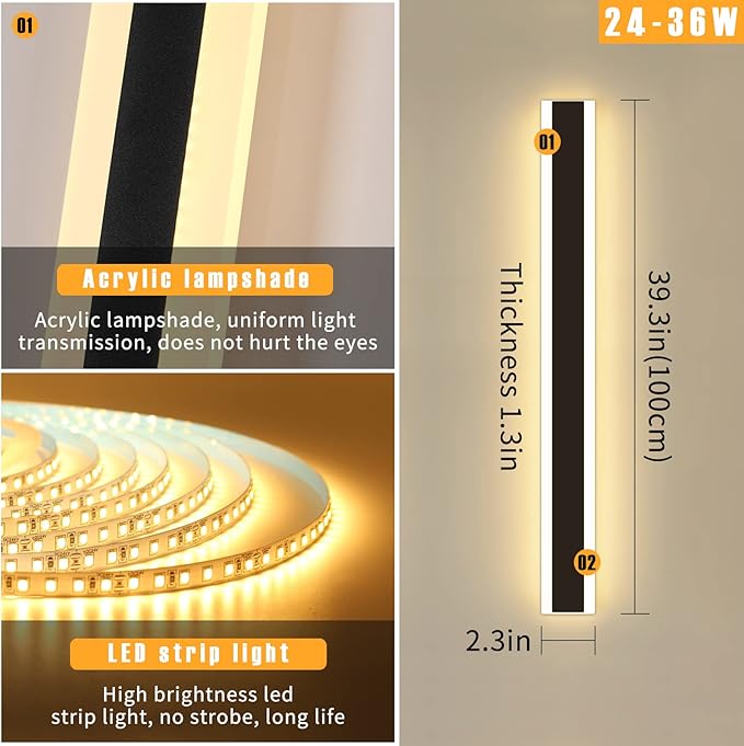 Modern 39inch Outdoor Wall Light, 3000K Black Acrylic Exterior Lighting Fixtures Wall Mount, Ip65 Waterproof Modern Porch Lights Wall Sconce, Led Long Outdoor Lights for House Hard-Wired