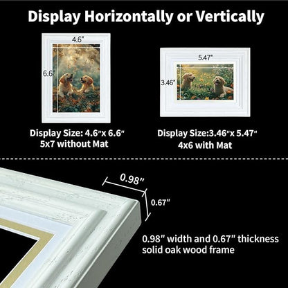 5x7 picture Frame for Wall or Tabletop Oak Wood, 4x6 Picture Frame with Mat,5x7 Premium Photo Frame with Real HD Tempered Glass,Ideal for Home Decor, Art Gallery,White, 1 Pack