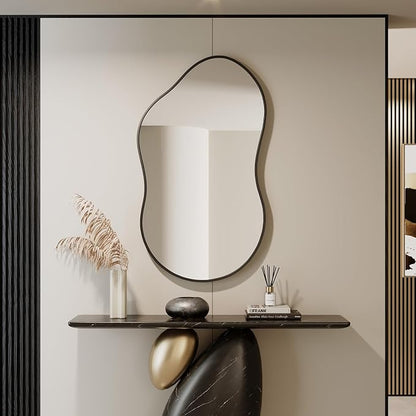 Irregular Wall Mirror - 26''×46'' Asymmetrical Decorative Tempered Glass Aluminum Alloy Framed Mirrors Cloud Mirror Wavy Mirrors for Bathroom, Bedroom, Living Room, Entryway（Black）
