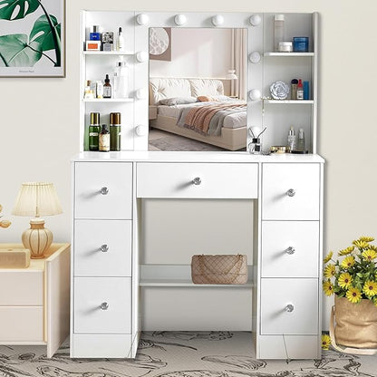 JBLCC Vanity Desk with Mirror and Lights, 39.4''W White Makeup Vanity with 3-Color Lighted Mirror, 7 Drawers & Open Shelves, Big Vanity Table for Bedroom, Girls & Women