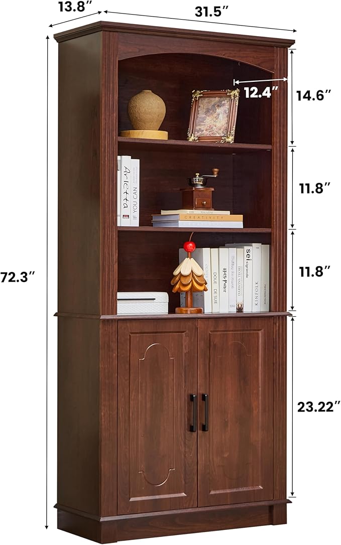 5 Tier Book Shelf and Bookshelf with Storage Cabinet Doors, 72 Inch Tall Bookcase, Wooden Cube Storage Organizer, Kids Bookshelf, Display Cabinet for Bedroom Furniture, Living Room, Pantry Cherry