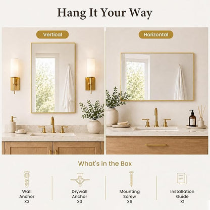 24x36 Inch Brushed Gold Bathroom Mirrors Set of 2, Tempered Glass Rectangular Wall Mirror, Rustproof Metal Frame Double Vanity Mirrors for Over Sink, Entryway, Flush Mount
