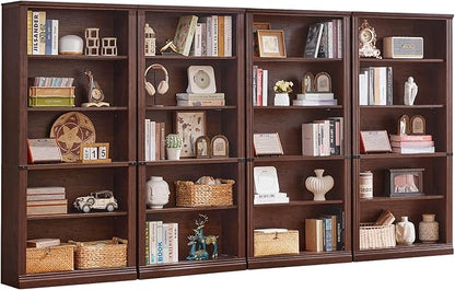 70" Walnut Tall Bookshelf Set of 4,5-Tier Thick Wooden Book Shelf with Adjustable Shelves,Free Standing Farmhouse Bookcase with Open Display Storage,Floor Vintage Bookshelves for Living Room