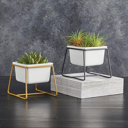 47th & Main Sleek & Modern Square Ceramic Planter with Black Metal Stand for Succulents Flowers and More, Small, White