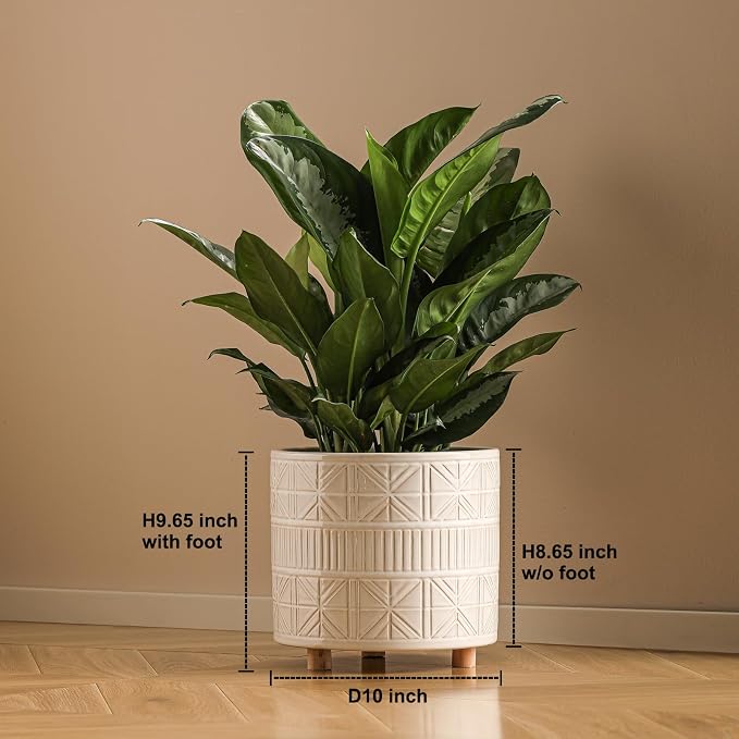 Ceramic Plant Pot with Foots: 10 Inch Planter with Wooden Legs - Large Pots for Indoor Plants - Modern Flower Pot for Home Office Patio Garden Windowsill
