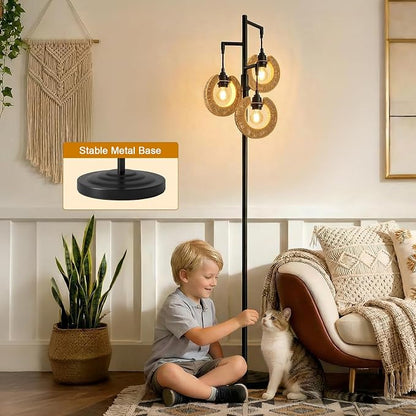 OYEARS 70" Boho Floor Lamps for Living Room, Stepless Dimmable Rattan Floor Lamp, Farmhouse Tall Lamps for Bedroom, Standing Tree Lamp for Office, Nursery, Rotary Switch, 3 LED Bulbs Included, Black