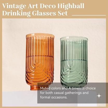 Colored Vintage Drinking Glasses Set of 6-17oz Hand-Blown Highball Ribbed Glassware, Arch Design Cocktail Glasses for Whiskey Water Beverages Ice Coffee Juice Milk