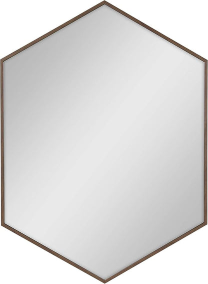 Kate and Laurel Rhodes Mid-Century Modern Hexagon Wall Mirror, Walnut Brown, 31x22-Inches