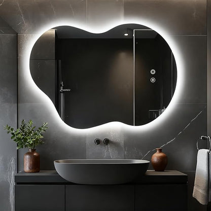 Asymmetrical Lighted Mirror for Bathroom,Modern LED Vanity Mirror with Backlit,Fog-Free,Tri-Color Dimmable Lighting with Memory Function,Hardwire Ready [Horizontal/Vertical] 35" H x 25" W