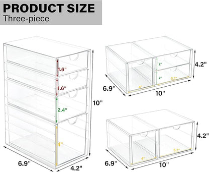 Prsildan Acrylic Drawer Makeup Organizer with 9 Drawers, Set of 3 Office Desk Organizers Accessories, Clear Stackable Storage Drawers for Vanity, Countertop, Craft, Jewelry, Art Supply Organization