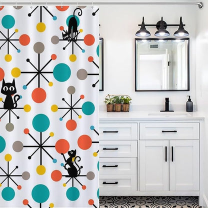 Mid Century Modern Cat Shower Curtain,Atomic Starburst Geometric Diamond Pattern Shower Curtains Set for Bathroom Fabric Decorative Bath Curtain Washable Curtain Hooks, 72x72”