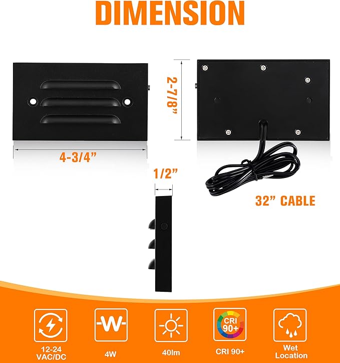 CLOUDY BAY 5CCT 12V 4W Low Voltage LED Step Light with Horizontal Louvered Faceplate for Steps Decks Stairs,Outdoor Stair Lights,Wet Locations,6 Pack,Black