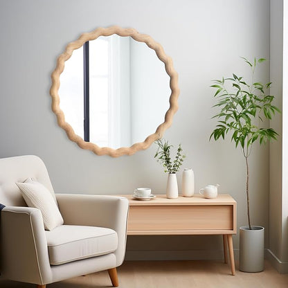 Irregular Wall Mirror,Wood Round Farmhouse Mirror Unique Vanity Mirror,24" Nature Wooden Modern Bathroom Mirror for Washroom Living Room Bedroom
